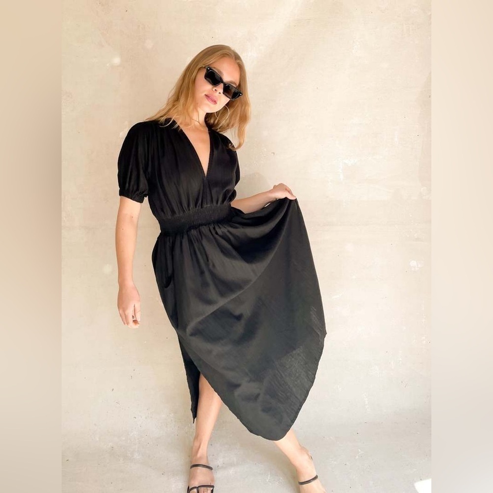 Rue Stiic "Opal Split" dress with V-neckline short sleeves tapered waistline